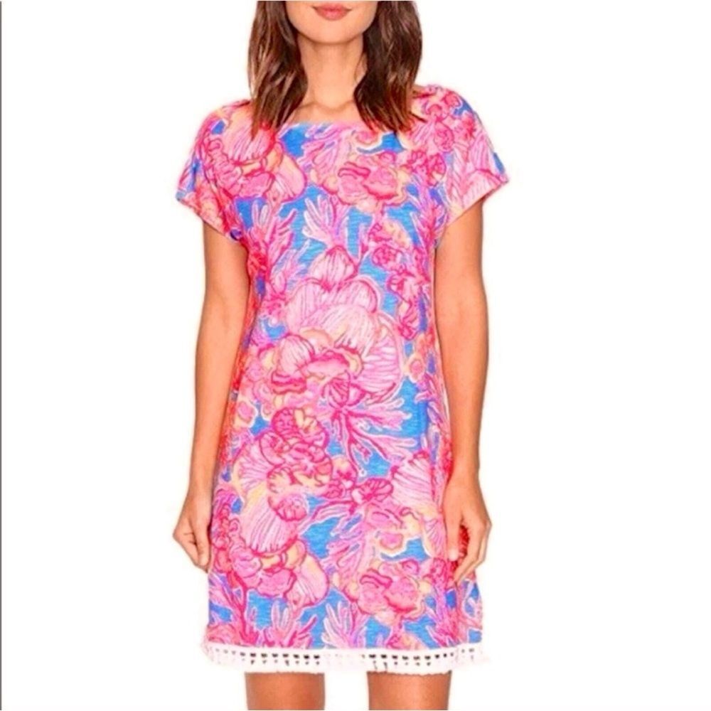 Lilly Pulitzer Tilla Dress Fan Tastic Fringe Pink Sparkling Blue XXS